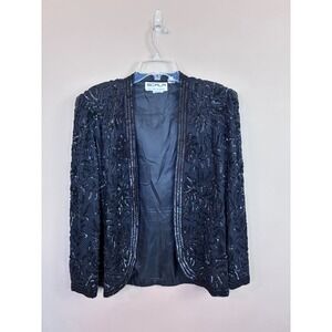 Vintage Scala Black Silk Beaded Sequin Floral‎ Evening Jacket Open Front Large